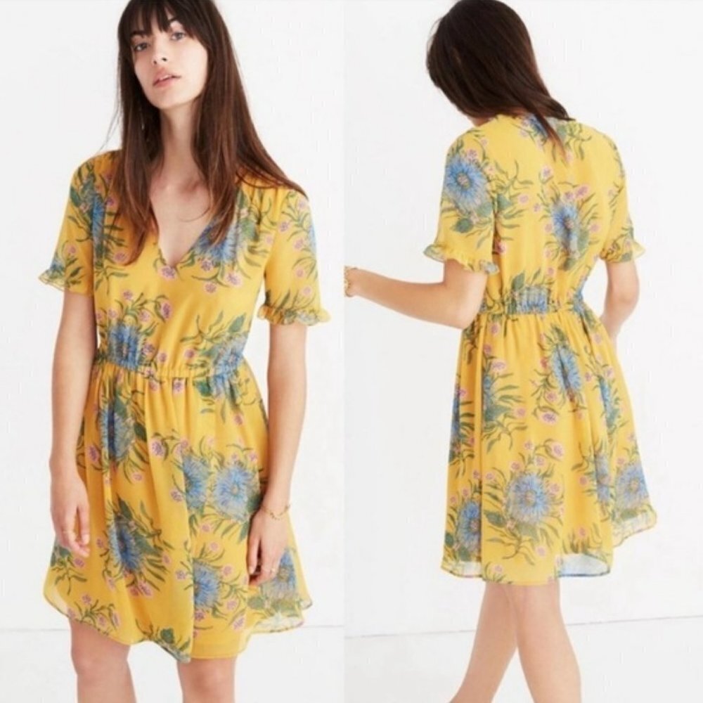 Madewell Sweetgrass Ruffle Sleeve Mini Dress in Painted Blooms Yellow & Blue 6